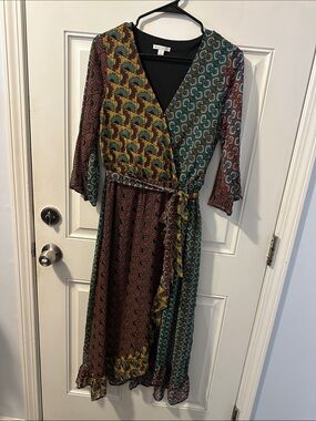 Cato Mixed Print Wrap Dress in Teal, Burgundy & Mustard